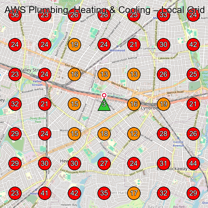 AWS Plumbing, Heating & Cooling GeoGrid visibility map for Hvac Contractor in Hewlett